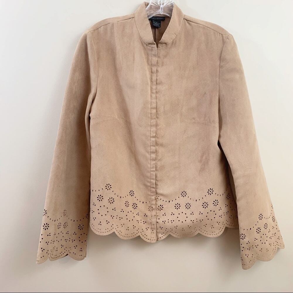 The Limited Y2K Flower Eyelet Bell Sleeved Faux Leather Scalloped Hem Tan Jacket